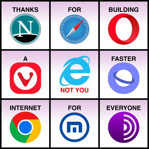 Grid with 9 boxes with a word and a browser logo. The sentence reads: 'Thanks for building a faster internet for everyone'. The center panel (with the IE logo) reads 'not you'