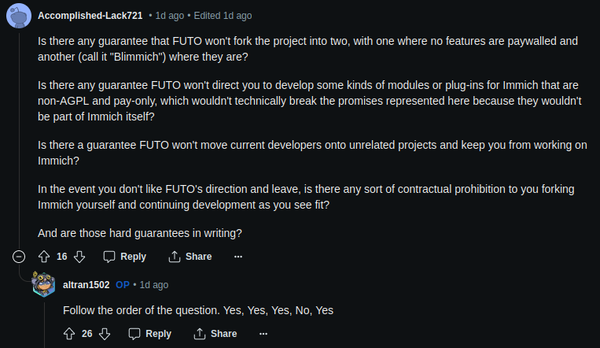 A reddit post where the Immich devs basically confirm that the project can still be forked if FUTO does bad things.