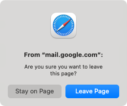 popup reading "From mail.google.com Are you sure you want to leave this page"
