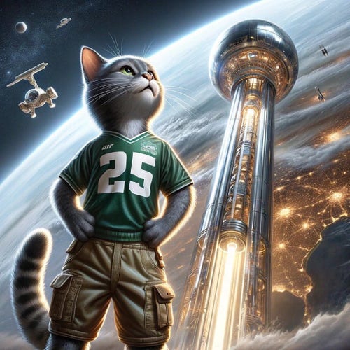 Illustration of an anthro gray tabby cat in a green sports jersey that says “25” and cargo pants standing with her hands on her hips and looking up. Behind her is a space elevator rising above Earth.