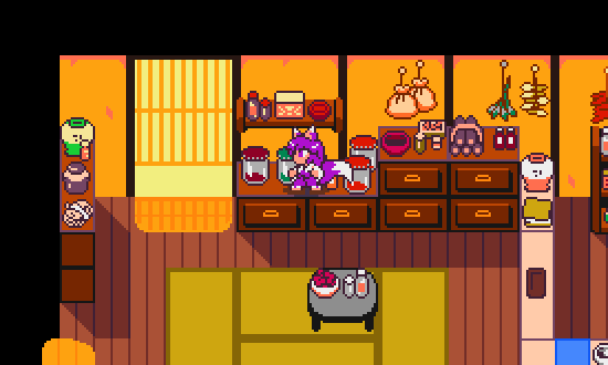 Yuzu, a purple haired fox girl, standing inappropriately on a shelf full of stuff inside a shop