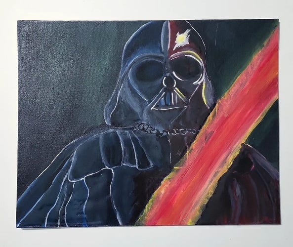 An acrylic painting of Darth Vader with his red lightsaber glowing in front of him