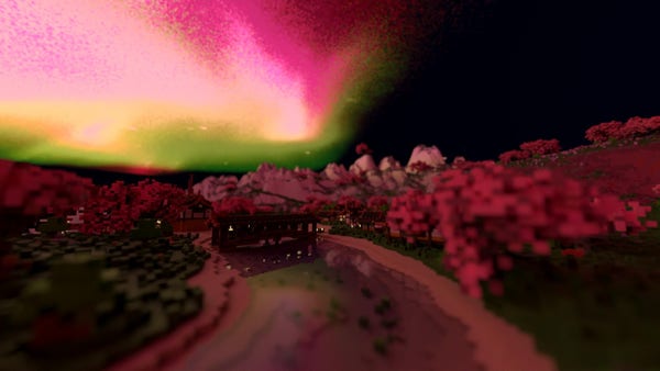 Render of Miencraft map Drehmal with a colourful bright aurora display above taken in Avoyd Voxel Editor. The render is of a Japanese style village with a bridge over a stream. It is surrounded by mountains and pink cherry trees.