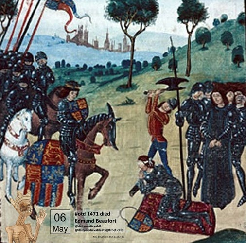 The picture shows Edmund being executed blindfolded in front of armed warriors
