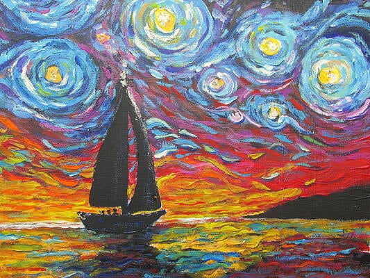 Colouful painting of the dank brown silhoutte of a boat on an ocean coloured in shades of yellow, blue, green and red. The sky is painged like Van Gogh Starry Night, 