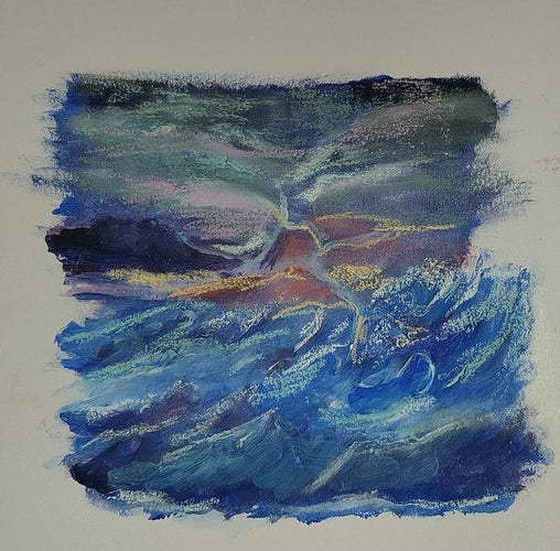 Mélanges de peintures acryliques et de pastels secs pour réaliser un paysage de tempête marine avec ciel d'orage. Teintes de bleus avec pointes de violets et d'oranges. 