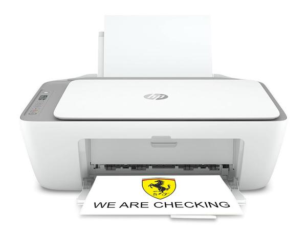 Photo of a white HP printer with grey accents. On paper tray there is a printed page with Scuderia Ferrari logo, text below the logo says "We are checking".