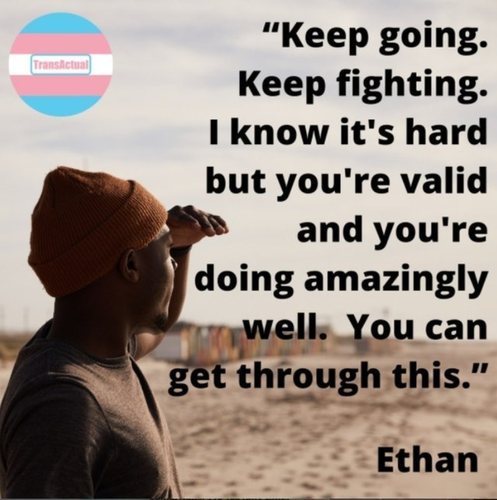 (Accessibility: Picture of a person wearing a white and grey top and dark glasses looking out over a landscape. Text:“Keep going. Keep fighting. I know it's hard but you're valid and you're doing amazingly well. You can get through this.” Ethan)