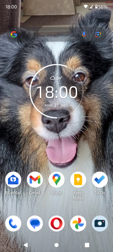 Android home screen featuring smiling Shetland sheepdog as wallpaper and clock as foreground feature with frequent apps below