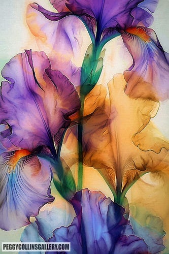 Colorful artwork of purple and yellow irises in a garden, by artist Peggy Collins.