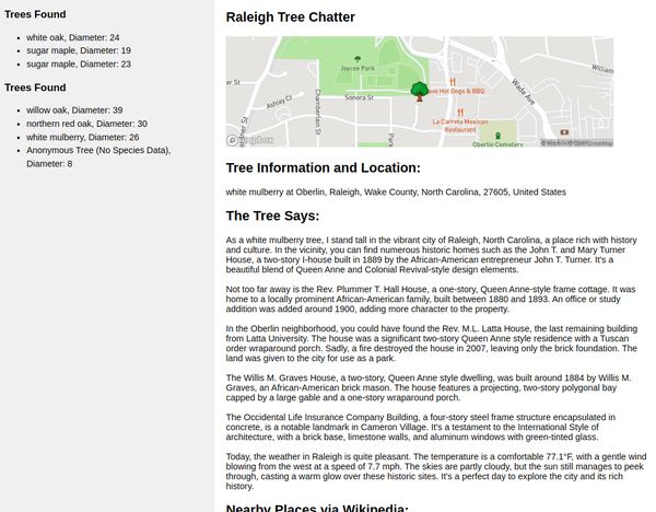A screenshot of a program-doodle I'm calling Raleigh Tree Chatter. The top of the screen shows a static image from Mapbox, with the tree denoted via a tree-shaped marker (instead of the usual teardop peg.)

Beneath that is information about where the tree is located, and beneath that is description of the surrounding area and the weather, written in the tree's "voice" via a ChatGPT call. 