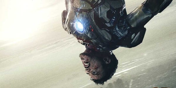 Robert Downey Jr. as Iron Man (Tony Stark) falling to Earth and about to get effed up.