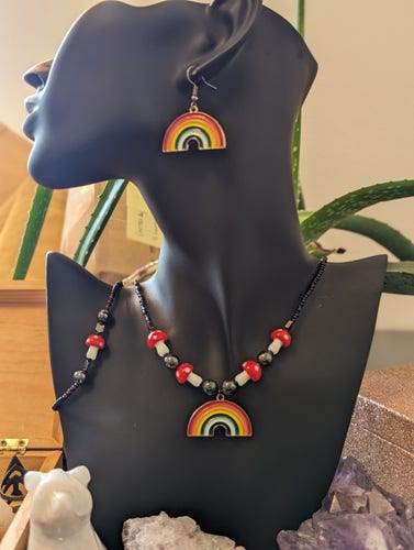 Handmade rainbows and red white mushrooms jewellery set with black red and Hematite styled grey beads