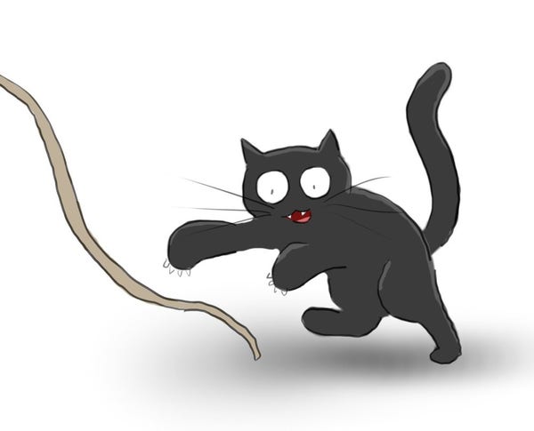 A cartoon of a black cat pouncing on a piece of string.