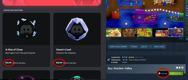 A screenshot showing how Discord's avatar decorations are $16. Meanwhile, Stardew Valley is only $15