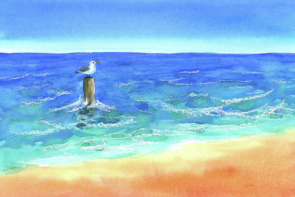 Beachguard is a watercolor painting in landscape format by artist Karen Kaspar. A single seagull is sitting on a wooden pole, surrounded by waves of the deep blue ocean. The bird seems to oversee the sandy beach. But there is no one around, everything is calm and quiet, a peaceful scenery.