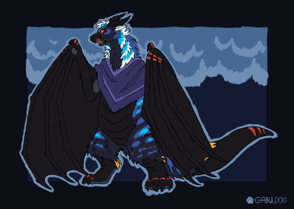 My wyvern sona, black/blue/white with red markings, wearing a purple poncho and smiling at the viewer with his head tilted back. He's looking very proud.