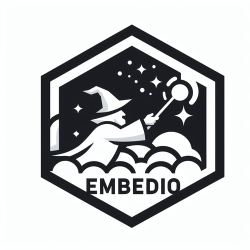 A hexagonal logo for the {quarto-embedio} package that shows a wizard casting a spell with a wand. 