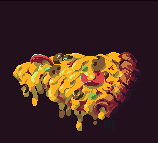 A pixel art showing a sinful and decadent slice of pizza, one may wonder how come it's not bending with that amount of cheese.
There's even cheese filling in the crust, how immoral can this get?