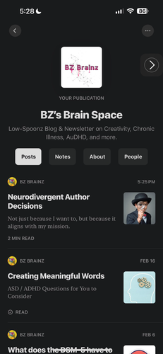Photo is a screenshot of BZ’s blog. Blog icon is a child holding a magnifying glass. Title of blog post is Neurodivergent Author Decisions: Not just because I want to, but because it aligns with my mission.