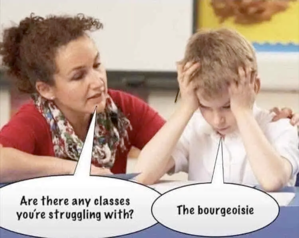 teacher: are there any classes you're struggling with?

student: the bourgeoisie