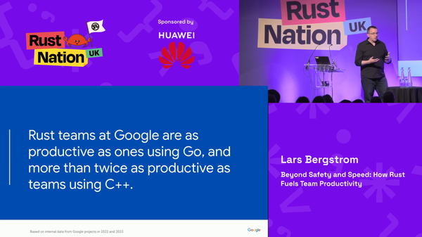 The slide from the video with the quote "Rust teams at Google are as productive as ones using Go, and more than twice as productive as teams using C++"