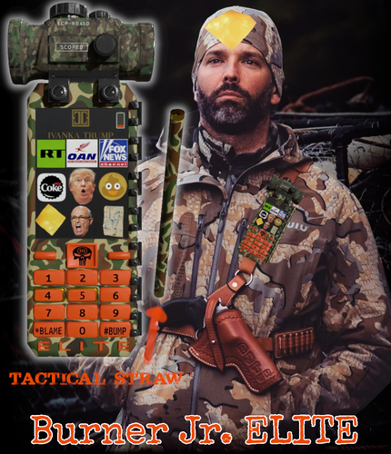 Don Jr with bloodshot eyes and a jungle camo phone. Burner Jr. ELITE - by Ivanka

the phone has a giant scope on it and a curious selection of apps including Coke and RT. 

the matching tactical straw clips to the side 

Junior is dressed in full hunting douchebaggery and has a slice of cheese on his forehead
