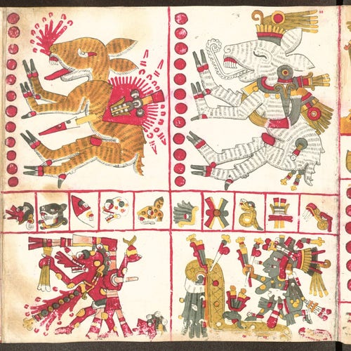 The Borgia Codex, showing two naguals in an Aztec context, including clothes, ways to transform, and associated gods