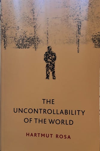Cover of the book "The Uncontrollability of the World" by Hartmut Rosa, featuring a silhouette of a person standing in what appears to be a snowy landscape with trees behind.