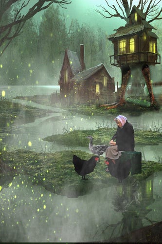 An image depicting Baba Yaga tending to chickens with a house on chicken kegs in the background in a swamp 