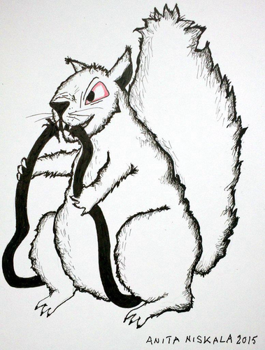 Drawing of a squirrel , curving a cable 