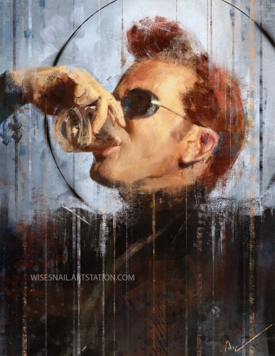 Half-length portrait of David Tennant as Crowley. He is drinking from a small glass, and he's wearing his classic sunglasses. A black halo surrounds his head. The painting is realistic but rendered with rough brush strokes.
