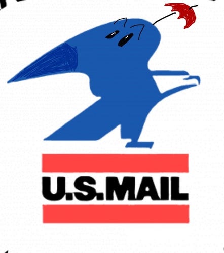 The old USPS logo of a stylized eagle holding its wings up, but I’ve added some eyes and shading to make it clear how I thought the wing portion was meant to be the beak. Also a little umbrella added to emphasize the similarity to the dodo bird.