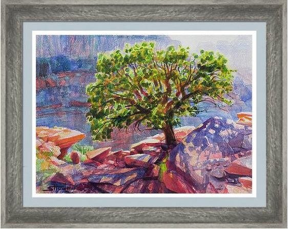 Framed print of an original watercolor painting depicting a lone tree overlooking the Grand Canyon in Arizona.