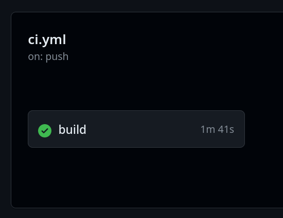 Visual representation of a GitHub Actions workflow. It's very minimal:

ci.yml
on: push

[success] build, 1m 41s