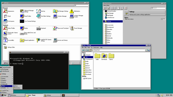 Screenshot of a classic Windows 95 desktop with multiple open windows displaying settings such as Display Properties, Add New Hardware Wizard, and MS-DOS Prompt. However, it's actually Debian XFCE.