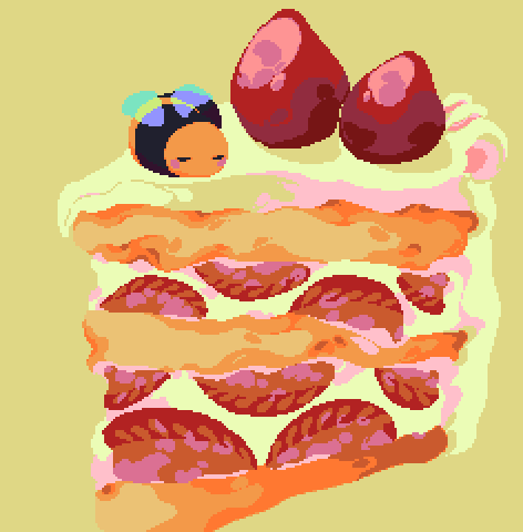 A pixel art showcasing a somewhat round bee-shaped bee taking a nap on top of a tall slice of strawberry shortcake.