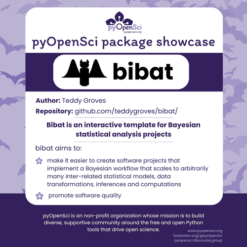 pyOpenSci package showcase
Bibat
Author: Teddy Groves
Repository: github.com/teddygroves/bibat/
Bibat is an interactive template for Bayesian statistical analysis projects
bibat aims to:
make it easier to create software projects that implement a Bayesian workflow that scales to arbitrarily many inter-related statistical models, data transformations, inferences and computations
promote software quality
pyOpenSci is an non-profit organization whose mission is to build diverse, supportive community around the free and open Python tools that drive open science.