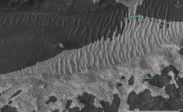 The map shows a possible route toward Bright Angel, a rock formation inside the ancient Neretva Vallis riverbed the rover Perseverance may take. Darkened areas indicate where there is no visibility to Ingenuity, the Mars Helicopter, which is now retired atop a regolith ripple inside the ancient riverbed, after being damaged during its 72nd flight.