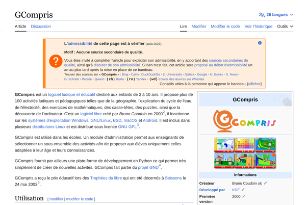 Copie d'écran de l'article GCompris de Wikipédia avec bandeau "l'admissibilité de cette page est à vérifier".