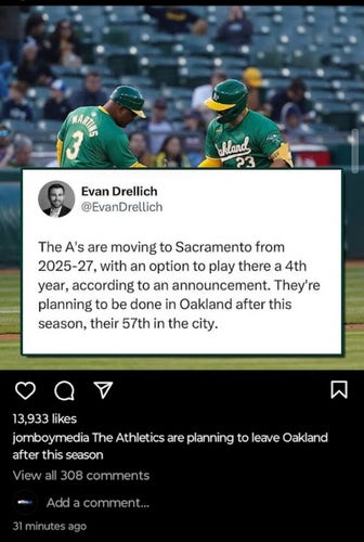 @EvanDrellich The A's are moving to Sacramento from 2025-27, with an option to play there a 4th year, according to an announcement. They're #  planning to be done in Oakland after this season, their 57th in the city. 