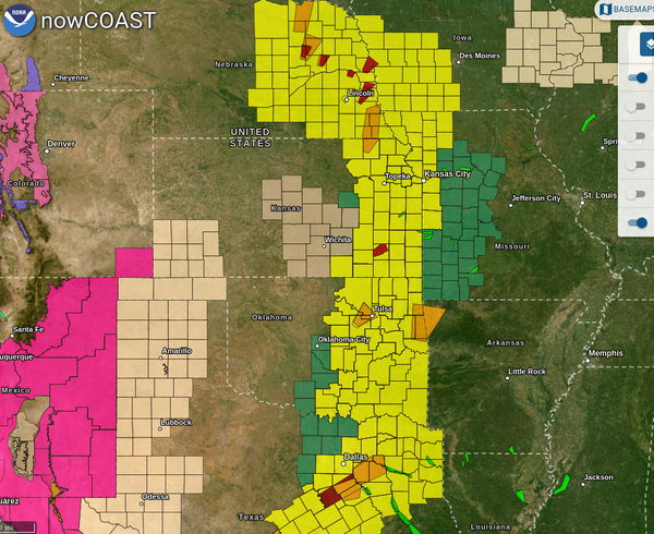 Map of weather warnings showing a lot of severe weather in the midwest