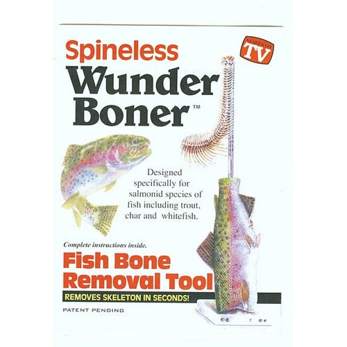 The packaging for a fish bone removal tool called the Wunder Boner. It's illustrated with an image of a whole fish and a filleted fish with its spine out.