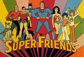 Cartoon promo drawing for the Saturday morning TV show "Superfriends," with DC's biggest name heros.