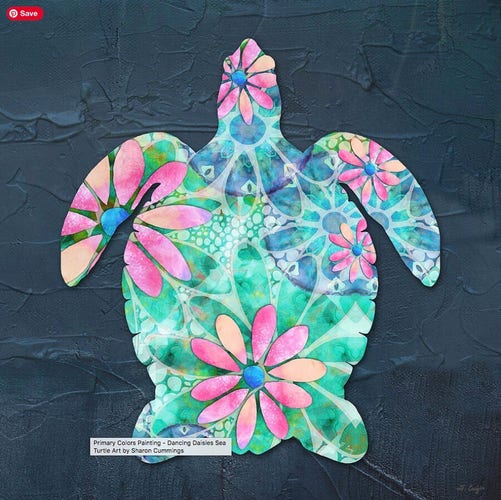 Colorful sea turtle in blue, green and pink flower daisies on a dark blue background by artist Sharon Cummings.