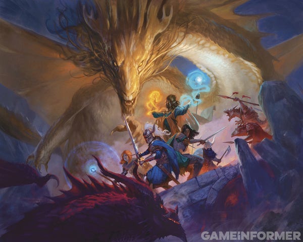 A gold dragon teams up with a party of legendary heroes to confront a red dragon and its kobold minions in the full front cover art for the new Player's Handbook. Artist Credit: Tyler Jacobson