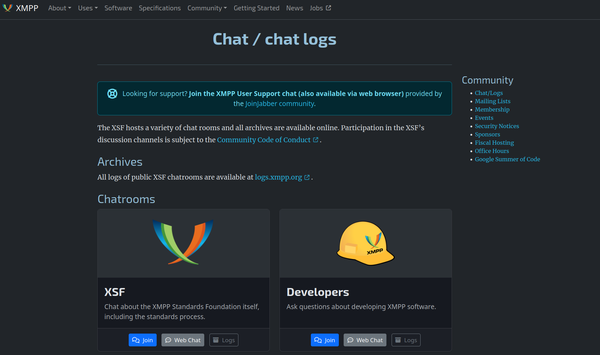 The chat and chat logs overview at xmpp.org