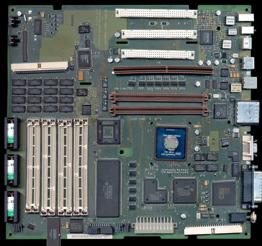 A picture of a Power Macintosh 8100 logic board, built on a friday afternoon about 5:22pm.