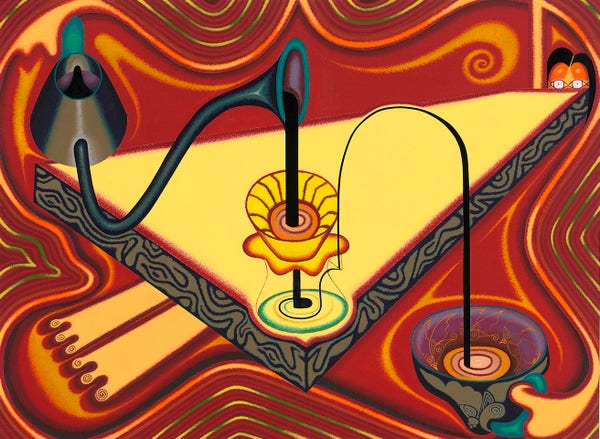 Semi-abstract painting of a central yellow flat slab with a distorted kettle pouring liquid into a clear glass, covering a cartoonish figure  against a deep red background