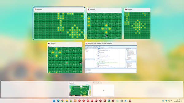 capture d'écran présentant 4 fenêtres sur le jeu Sporgloo sous Windows et l'IDE de Delphi